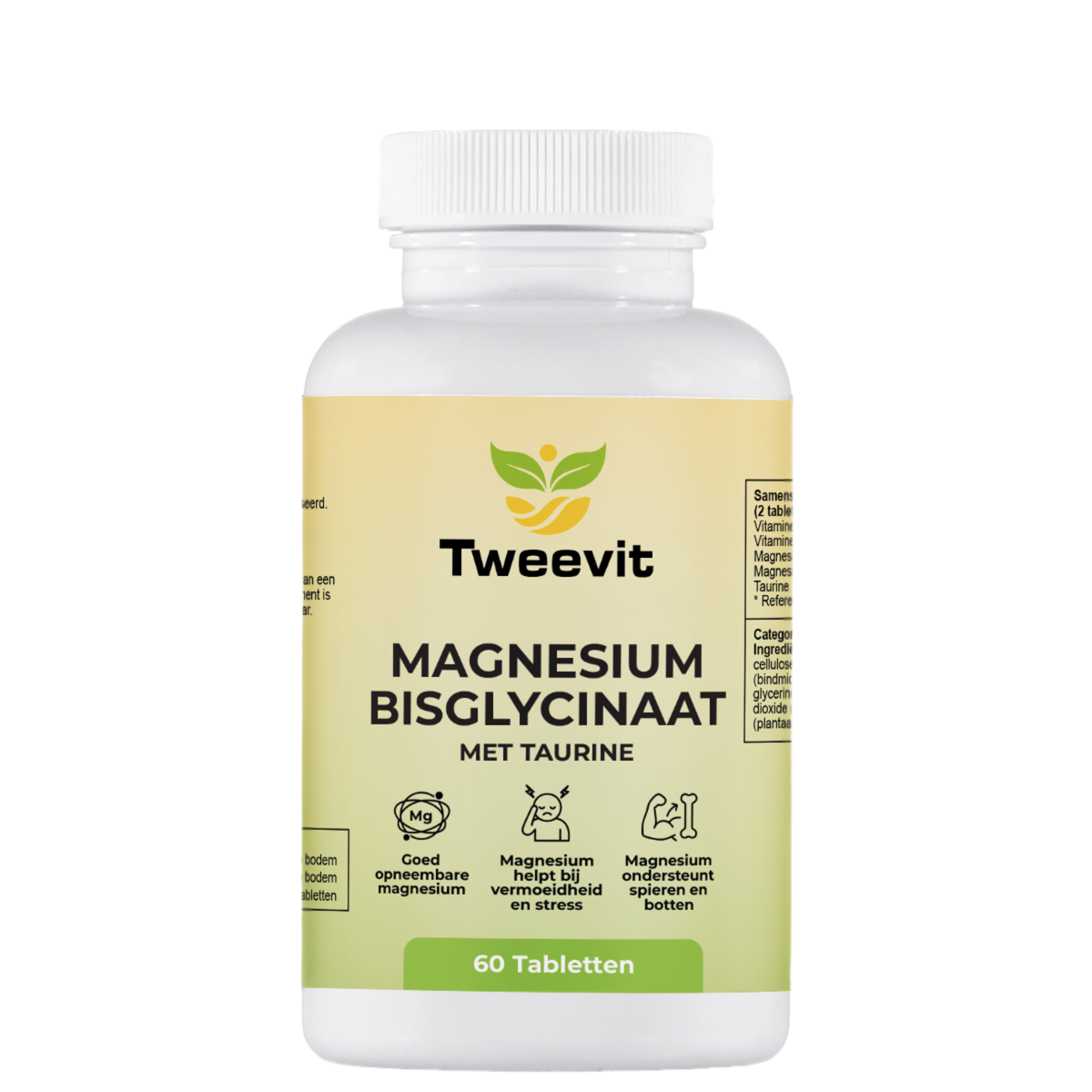 Tweevit Magnesium Bisglycinaat met Taurine pot – 60 tabletten, goed opneembare magnesiumvorm gecombineerd met taurine voor energie, ontspanning en spierfunctie